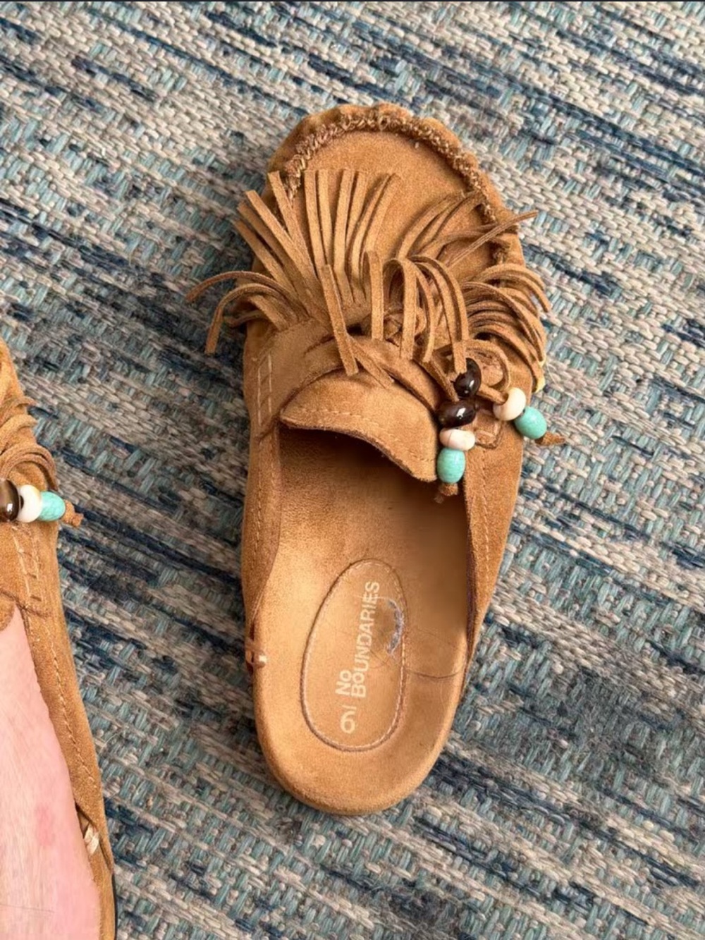 No Boundaries Tan Suede Fringe Slip-On Mule with Bead Accents